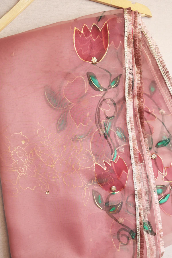 Designer Dupatta By Madiha Jahangir - Pink Chiffon Dupatta with Floral Embroidery