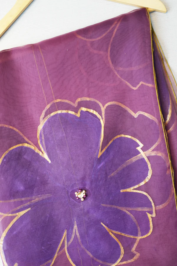 esigner Dupatta By Madiha Jahangir - Purple Organza Dupatta with Zari Work